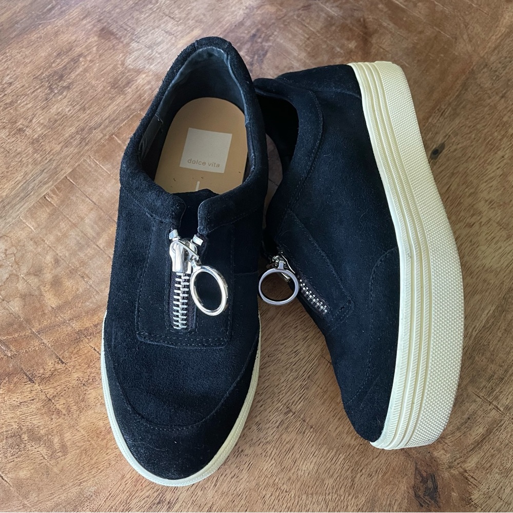 Dolce Vita Black Suede Sneakers with Silver Zipper